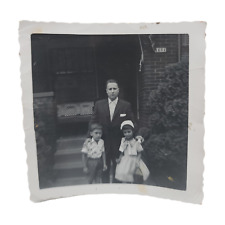 Vintage Dad and Kids In Front of House B&W Photograph Snapshot 3.5 x 3.5 picture