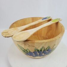 Vintage 1992 Hand Turned Wood Salad Bowl w/ Utensils Thailand Hand Painted picture