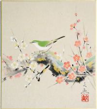 Hand-painted colored paper plum & Japanese nightingale by Bungyo Nakatani New picture