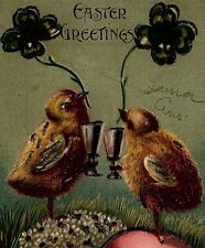 c1910 EASTER GREETINGS ANTHROPOMORPHIC CHICKS CLOVER TINSELED POSTCARD 20-153 picture