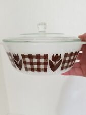 Vintage 1 Qt. Glass Casserole dish With Lid Brown Plaid and Tulip Pattern... picture