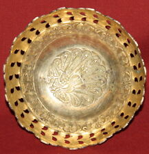 Vintage Solid Brass Floral Relief Peacock Footed Bowl picture