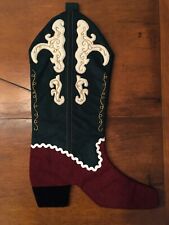 Vintage Antique Hand Sewn Western Boot Christmas Stocking Dark Green, Maroon  picture