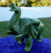 Rich Green JADE Elephant Polished Hand Carved Good Fortune Trunk Up For Sale picture