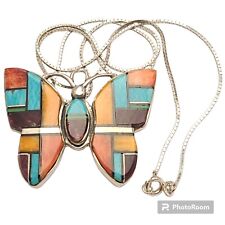VINTAGE NAVAJO First American Traders BUTTERFLY Inlay STERLING Silver Necklace  picture