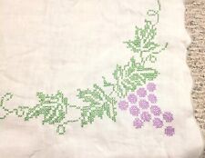 Vintage Linen Tablecloth Hand Embroidered Grapes Leaves and Vines 48x62 Antique picture