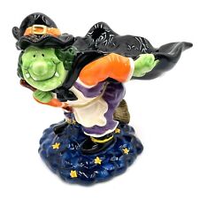 VTG Halloween Ceramic Green Face Witch Flying Broom Cape Candy Fish 2001 picture