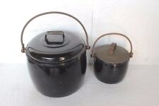 2 Pc Black Cooking Pot Vintage Enamel Ware Kitchenware Home Decor PZ-12 picture
