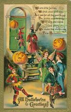 We Are Little Fairies Halloween Postcard~Antique~JOL~Witch~Cat~Jester~Kilt~c1909 picture