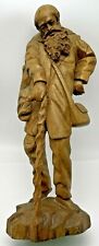 Intricate Vintage European Wood Carving Old Man with Walking Cane Bald Beard picture