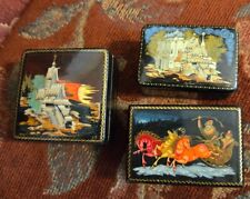 3 Small Russian Black Lacquer Trinket Boxes Hand Painted Signed  picture