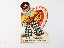 Vintage Valentine Day Card Die Cut Masked Boy Clown Outfit Instrument Used C7468 picture