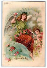1906 Happy New Year Angels On Top Of Globe Flowers Embossed Nash Posted Postcard picture