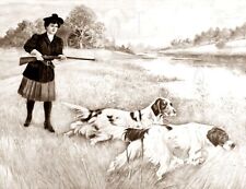 ANTIQUE REPRO 8X10 WOMAN UPLAND HUNTER WITH PAIR OF BIRD DOG ENGLISH SETTERS picture