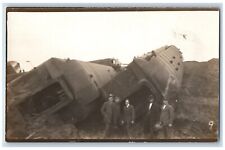 Locomotive Train Wreck Postcard RPPC Photo Railroad Accident Scene Men c1910's picture