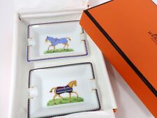 HERMES Mini Ashtray 2 Plate Tray Horse Pattern Gold Porcelain Interior with Box picture