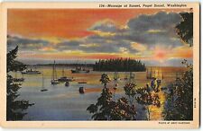Moorage at Sunset, Puget Sound WA - 1939 Teich Linen Postcard - Boats picture