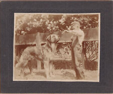 YOUNG BOY FEEDING LARGE DOG Old Vintage Cabinet Card Photo Outdoor picture