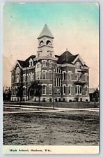 Hudson Wisconsin~High School on Corner~Belfry~Dirt Road~c1910 Postcard picture