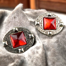 2 Vintage Matching Ornate Fancy Silvertone Metal Faux Red Jewel Center Buttons picture