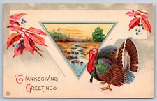 A413 Vintage Postcard Thanksgiving Tom Turkey Lake Flowers Unposted Holiday UP picture