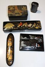 5 Vintage Hand Painted Black Japanese Lacquer Boxes Cases picture
