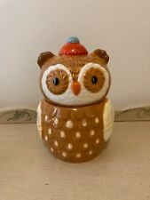 Adorable Owl Ceramic Candy Jar Brown with orange and blue winter hat 7x5x5