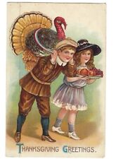c1910 Thanksgiving Greetings Cute Boy Girl Turkey Patriotic Embossed Postcard picture