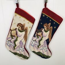 Vintage Wool Needlepoint Christmas Stockings ANGELS Doves Red Velvet Set of 2 picture