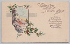 Holiday~Christmas~Home in Winter~Pine~Holly~Vintage Postcard picture