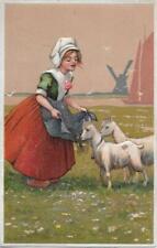PFB Antique Postcard  Dutch Girl Feeding Hay to Goats Windmill Sailboat Ser 6871 picture