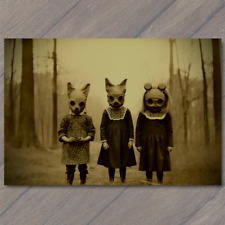 POSTCARD Weird Creepy Vintage Look Vibe Kids Masks Halloween Cult Unusual Family picture