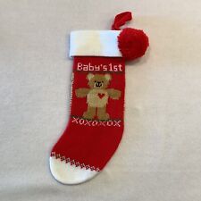 Vintage Baby’s First Christmas Knit Christmas Stocking Teddy Bear Red Pom Pom picture