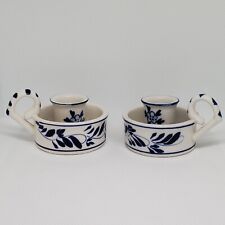 Pair Of Handpainted Delft Blue White Fingerhold Candlestick Holders Vintage picture