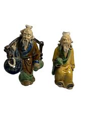 Antique Chinese Mudmen Clay Figurines Gold Coin & Peach- Dates 1890-1919 picture