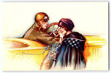 Adolfo Busi c1910 Yellow Car Man Helmet Crying Lady Italy Art Deco Artist-Signed picture