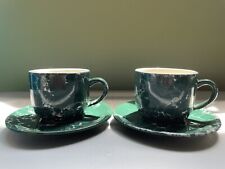 Vintage 90s 2 Henriksen Imports Green Marbleized Espresso Cups and Saucers picture