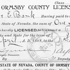 Vintage 1898 Ormsby County Banking License Bullion & Exchange Bank - Mining Doc. picture
