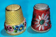 Lot of 2 Thimbles- Metal with Floral Needlework/Fabric picture