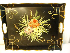 Vtg Hand Painted Tole Tray Floral Serving Display Metal Rectangle Apricot Flower picture