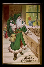 Long Green Robe Santa Claus at Window ~Child~Toys~c.1910 Christmas Postcard~k-8 picture