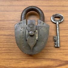 BRASS PADLOCK WITH KEY TRICK OR PUZZLE WITH COMBINATION ARROW, OLD OR ANTIQUE picture