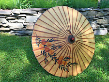 Vintage 1940s Japanese Bamboo Rice Paper 38 inch Parasol Umbrella Floral Design picture