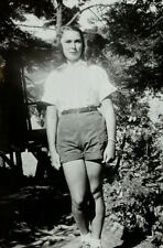 Pretty Woman In Shorts Standing In Forest B&W Photograph 3.5 x 5.5 picture