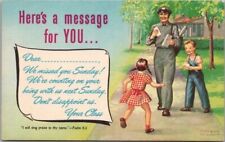 1950s RALLY DAY Sunday School Church Religious Postcard Boy & Girl / Mailman picture