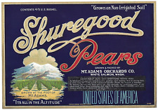 Original 1930s SHUREGOOD pear crate label White Salmon Washington Mt Adams blue picture