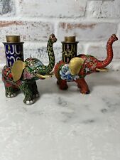 Chinese Cloisonné Enamel  Elephant Pair Tapered Candle Holder Red Green Vintage picture