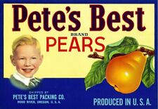Original PETE'S BEST pear crate label Pete's Best Packing Hood River Oregon picture