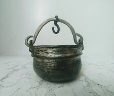  Antique Crude Small Copper Pot Cauldron Kettle w/ Handle & Hook     picture