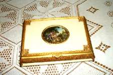 ANTIQUE JEWELRY CASKET FRENCH ORMOLU MINIATURE OIL PAINTING COUPLE CONVEX GLASS picture